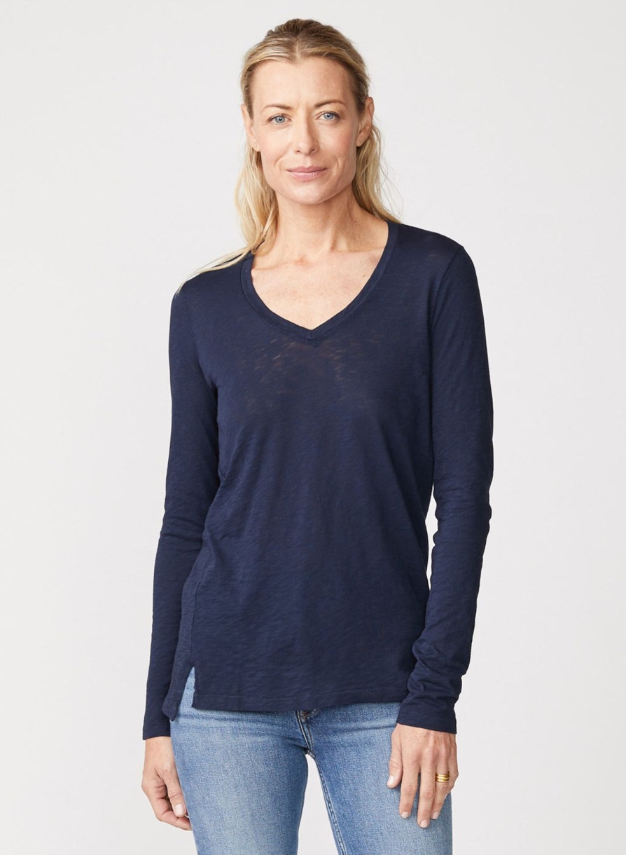 Tops | STATESIDE Supima Slub Jersey Long Sleeve V-Neck In New Navy