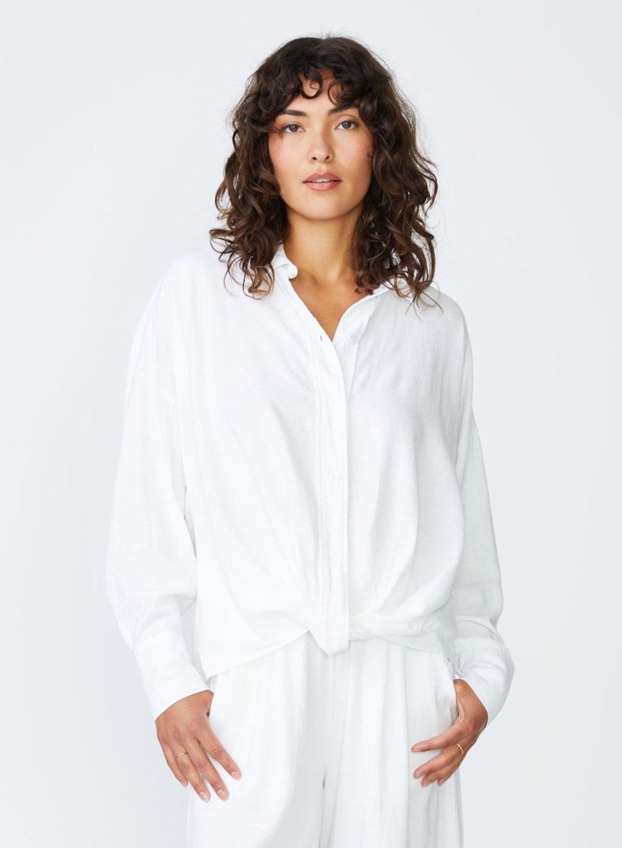 Tops | STATESIDE Linen Long Sleeve Front Twist Shirt In White