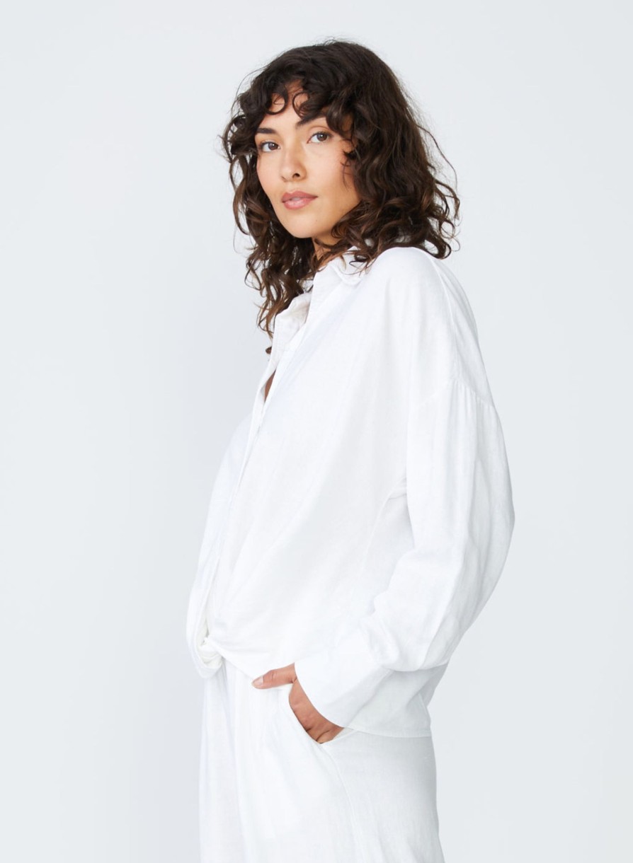 Tops | STATESIDE Linen Long Sleeve Front Twist Shirt In White