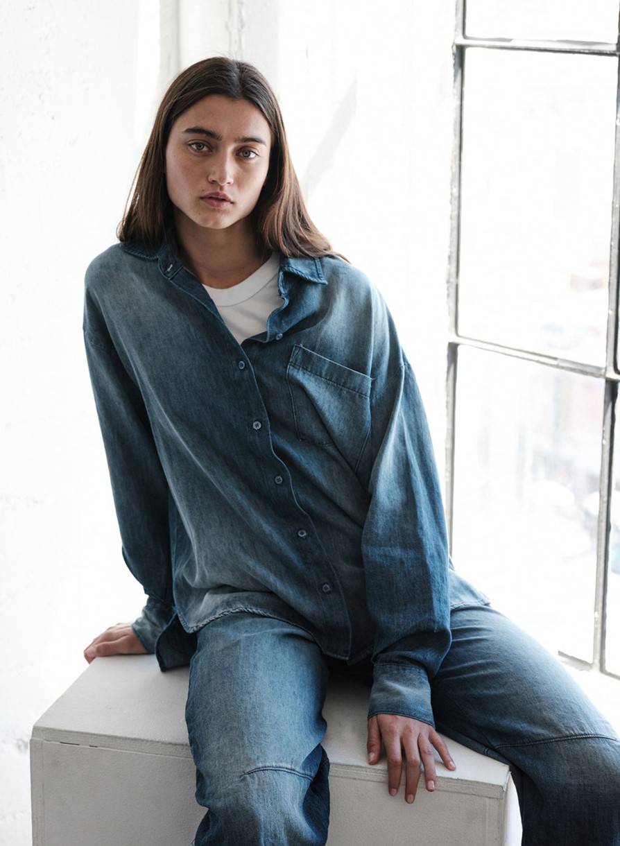 Fabric | STATESIDE Stonewashed Chambray Oversized Shirt In Medium Wash