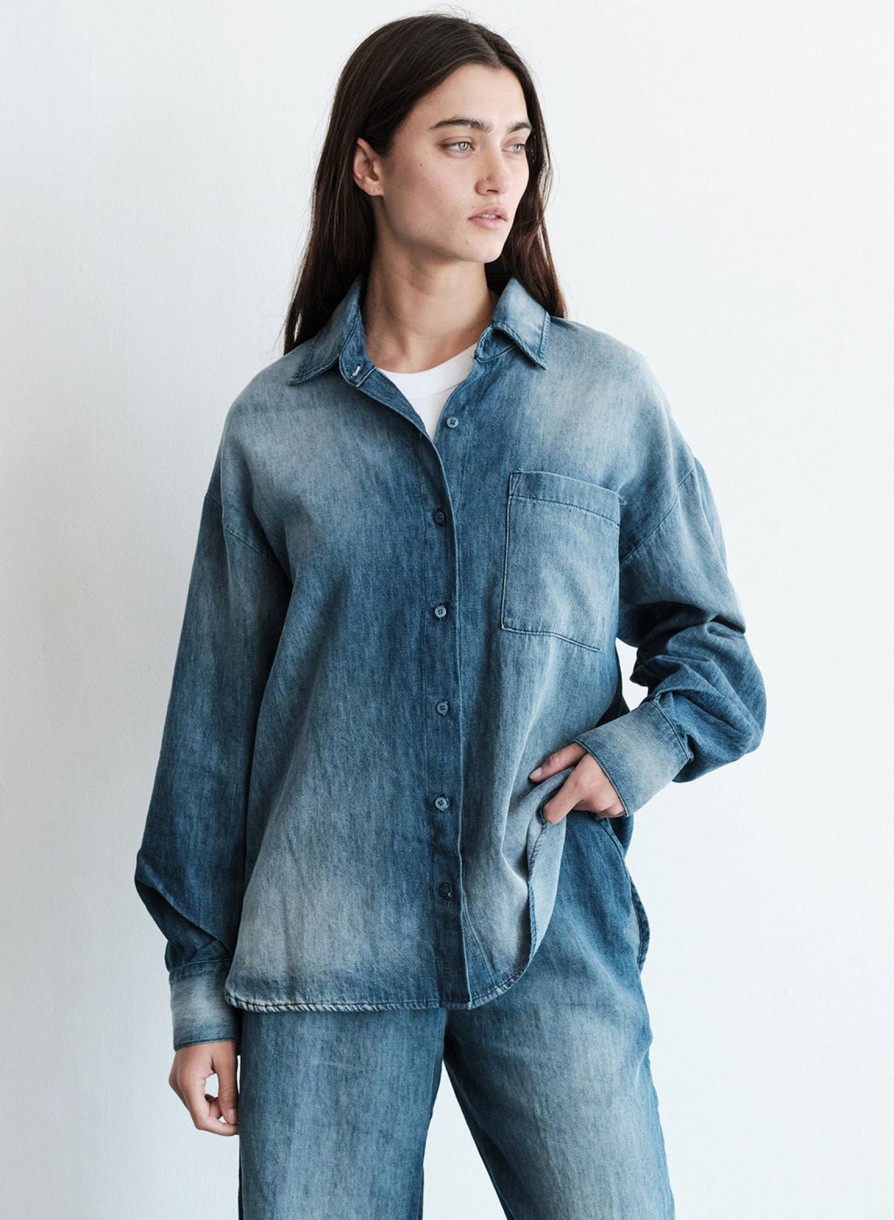 Fabric | STATESIDE Stonewashed Chambray Oversized Shirt In Medium Wash