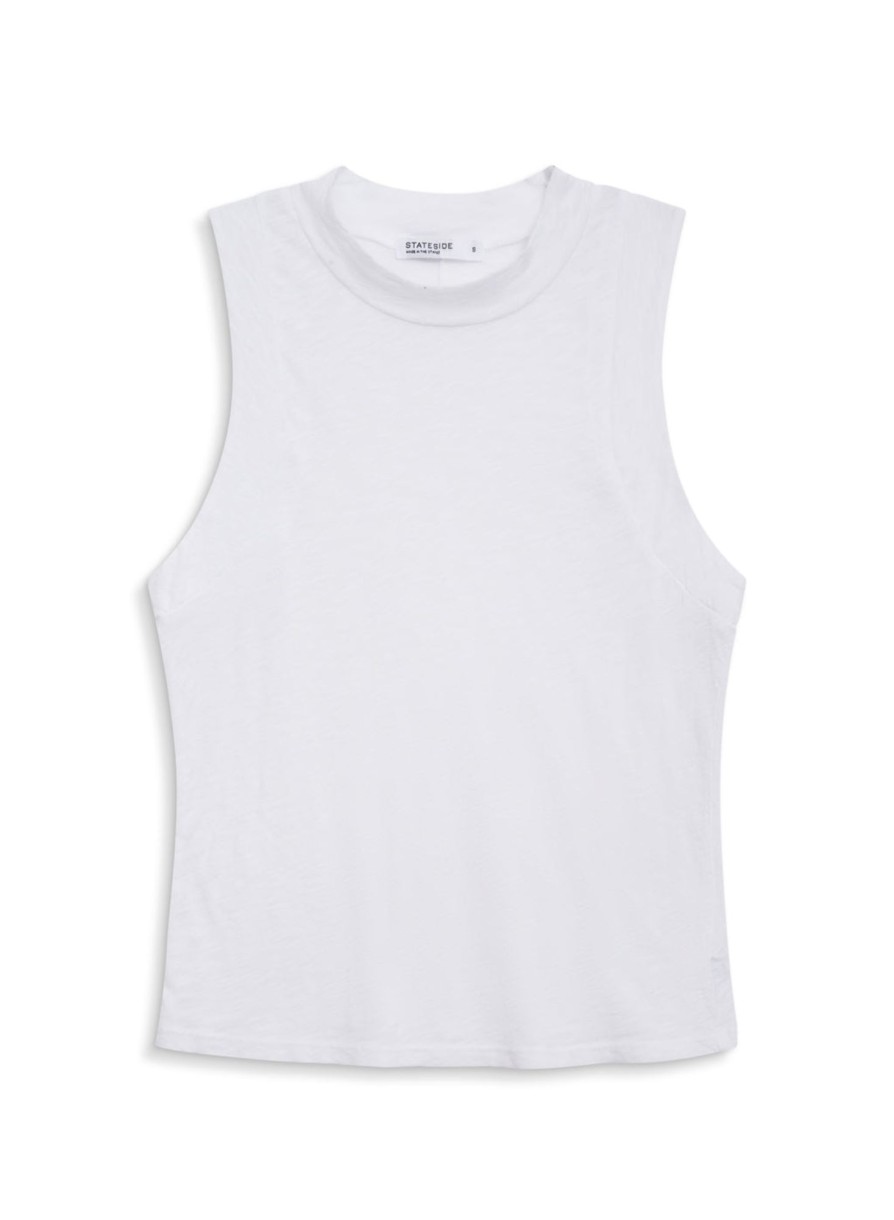 Fabric | STATESIDE Supima Slub Sleeveless Mock Neck Top In White