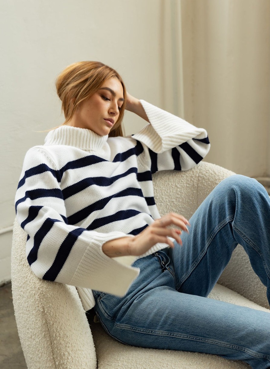 Sale | STATESIDE Cozy Cashmere Blend Stripe Turtleneck Sweater In Navy Stripe