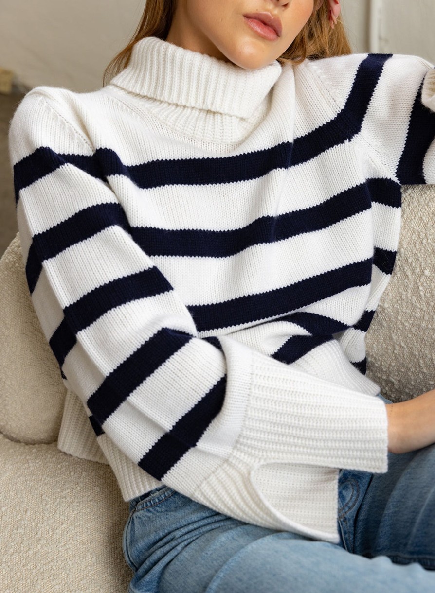 Sale | STATESIDE Cozy Cashmere Blend Stripe Turtleneck Sweater In Navy Stripe