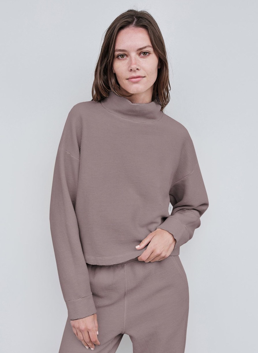 Sale | STATESIDE Horizontal Rib Mock Neck Pullover In Walnut