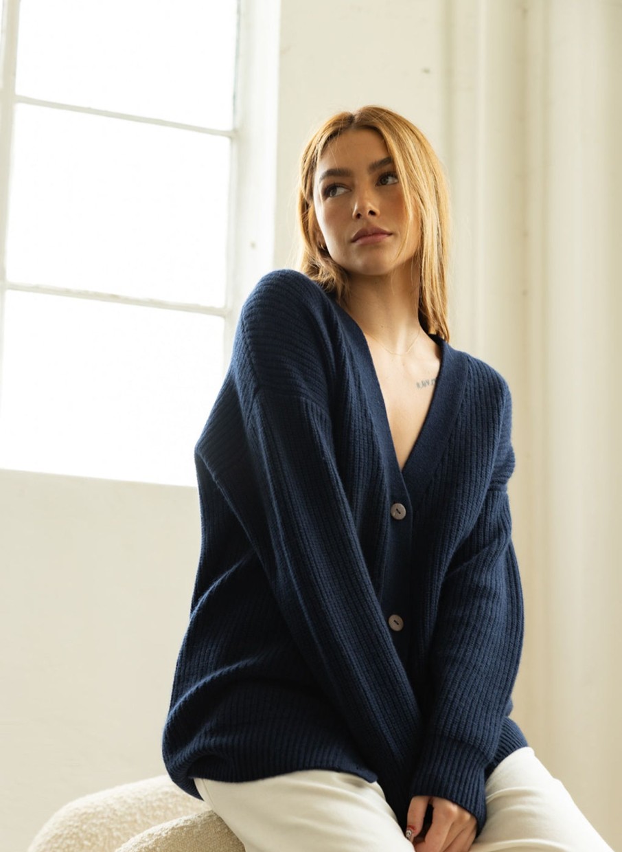 Essentials | STATESIDE Ribbed Cashmere Oversized Cardigan Sweater In New Navy