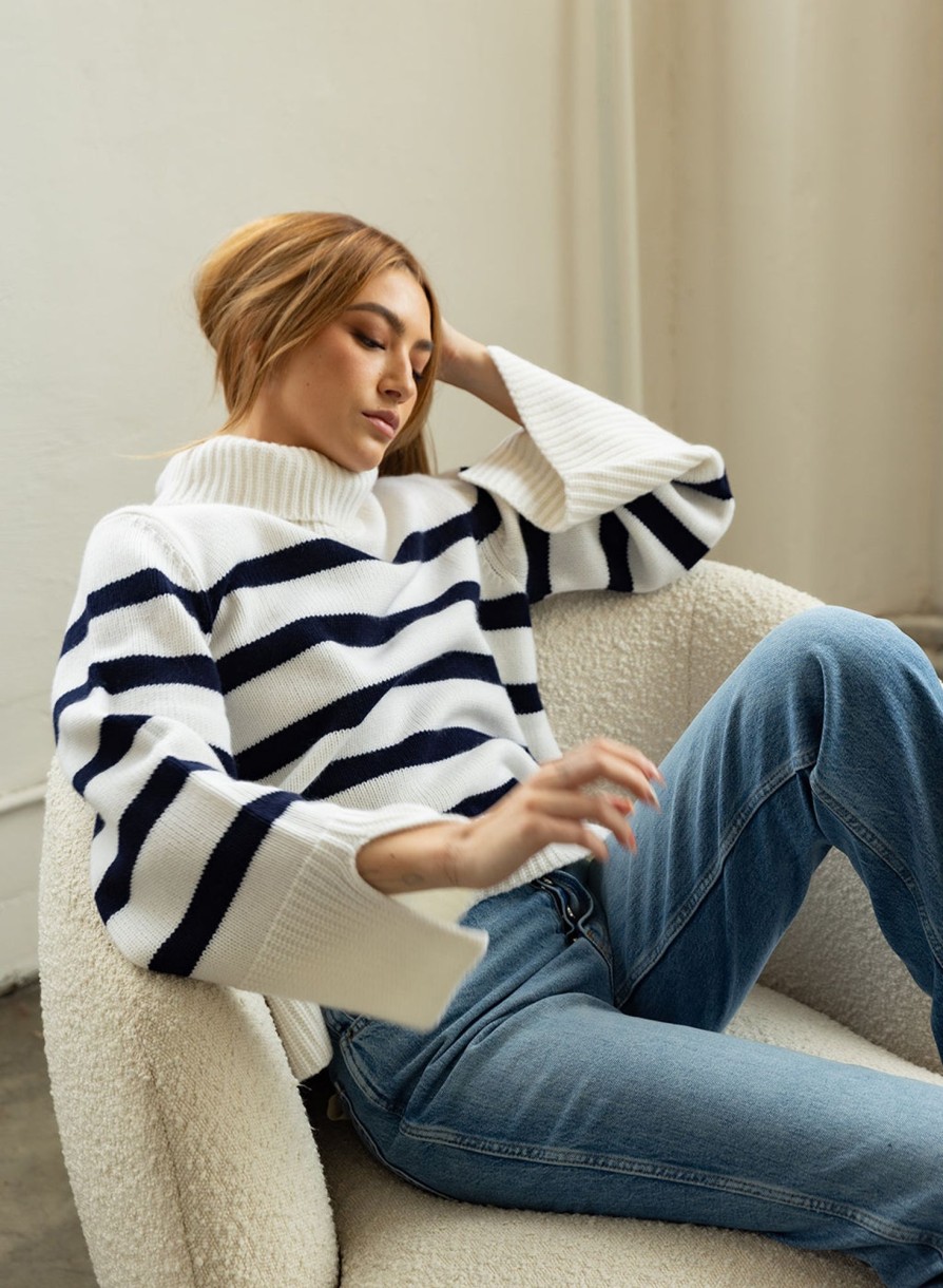 Tops | STATESIDE Cozy Cashmere Blend Stripe Turtleneck Sweater In Navy Stripe