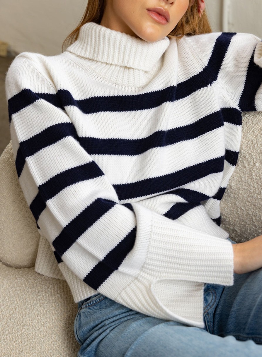 Tops | STATESIDE Cozy Cashmere Blend Stripe Turtleneck Sweater In Navy Stripe