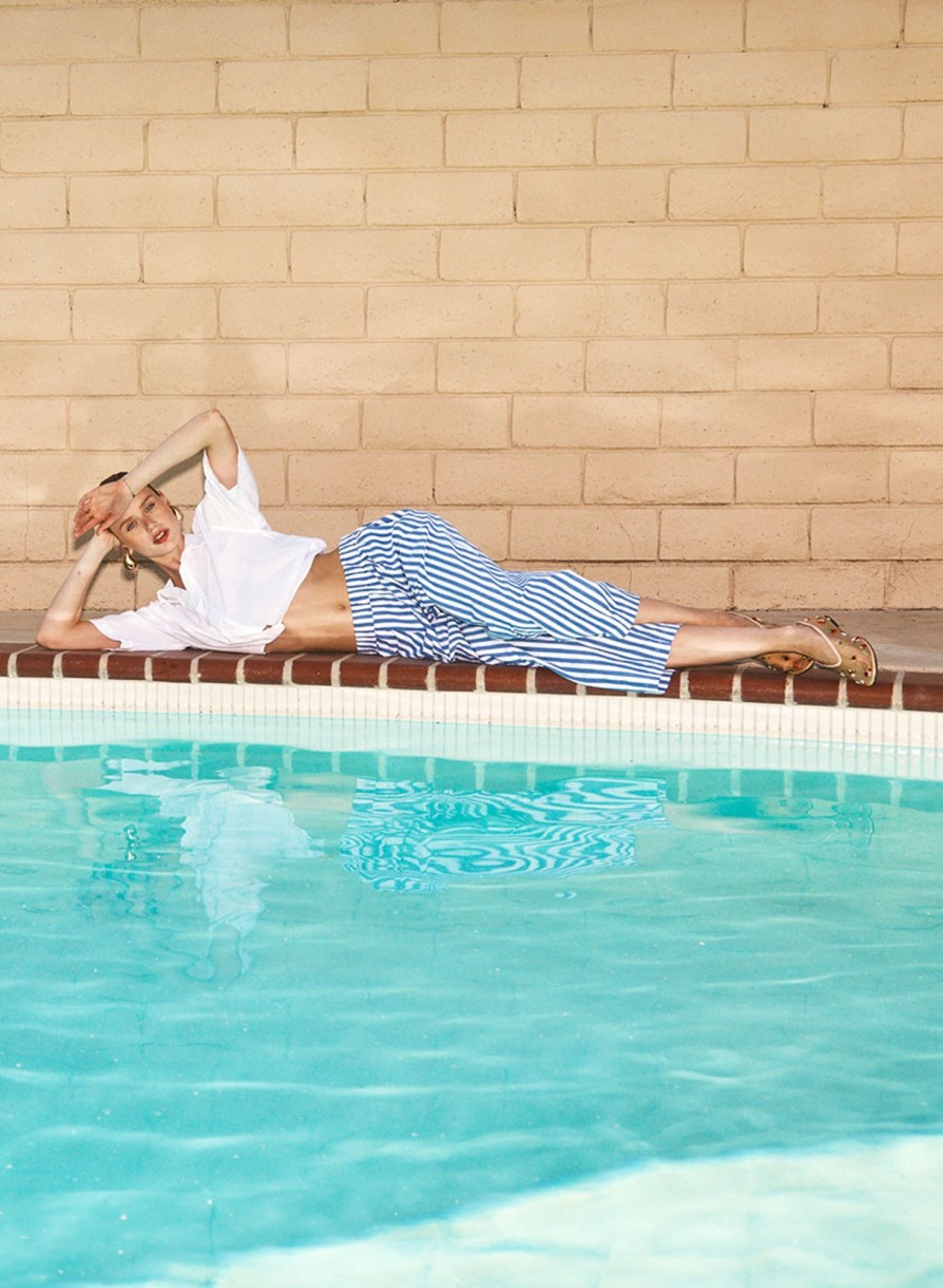 Fabric | STATESIDE Puckered Stripe Cropped Pant In Navy Stripe