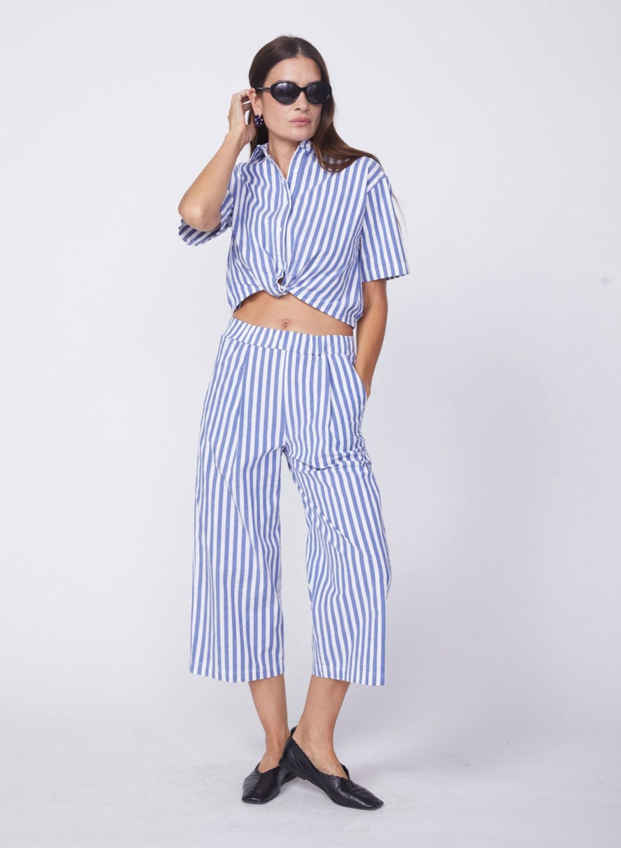 Fabric | STATESIDE Puckered Stripe Cropped Pant In Navy Stripe