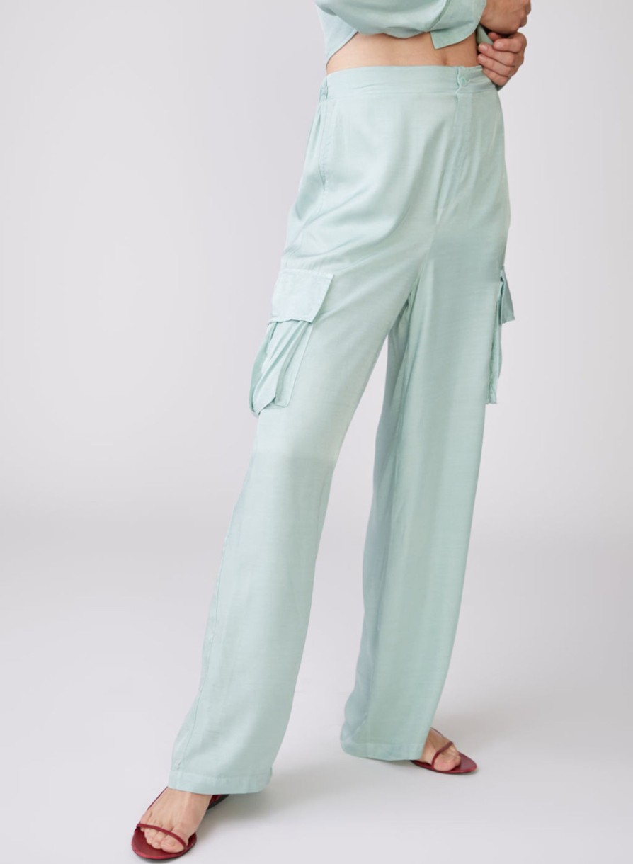 Fabric | STATESIDE Viscose Satin Cargo Pant In Honeydew