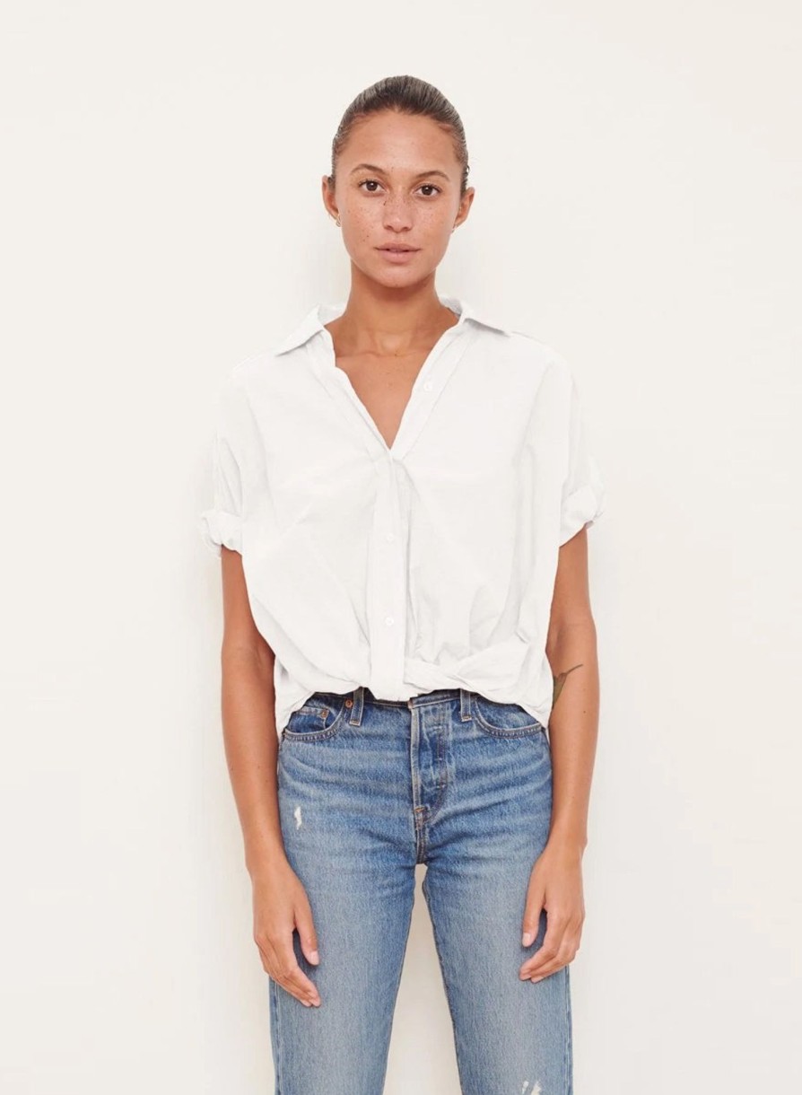 Essentials | STATESIDE Voile Short Sleeve Front Twist Button Up Shirt In White