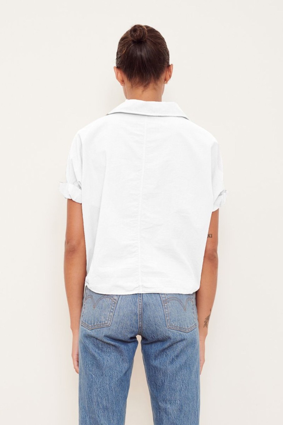 Essentials | STATESIDE Voile Short Sleeve Front Twist Button Up Shirt In White