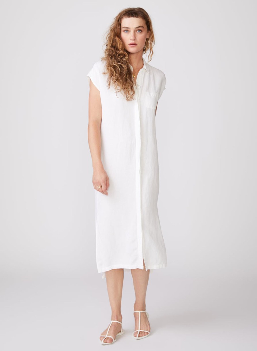 Fabric | STATESIDE Linen Short Sleeve Maxi Shirt Dress In White