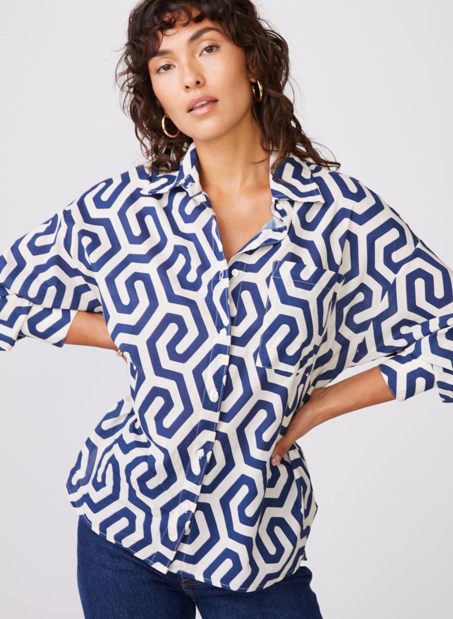 Sale | STATESIDE Geo Print Voile Oversized Shirt In New Navy