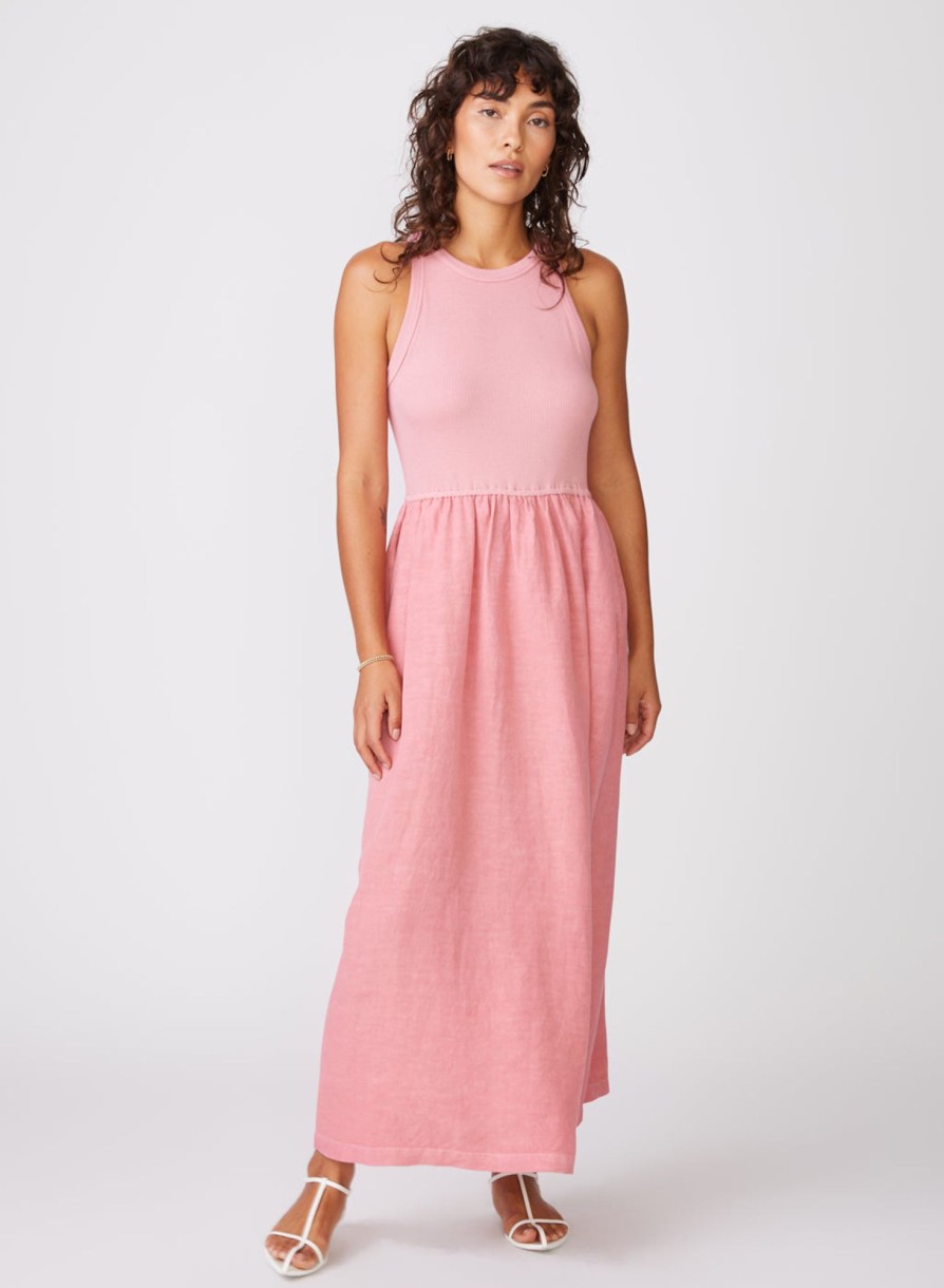 Fabric | STATESIDE Stateside Linen Mixed Media High Neck Dress In Mauve Glow