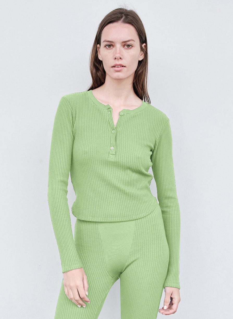 Fabric | STATESIDE Luxe Thermal Henley Top In Wasabi