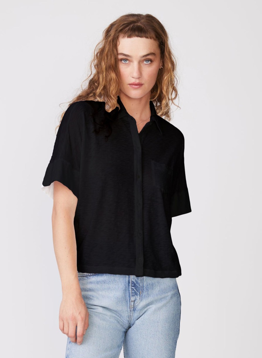 Fabric | STATESIDE Supima Slub Short Sleeve Pocket Shirt In Black