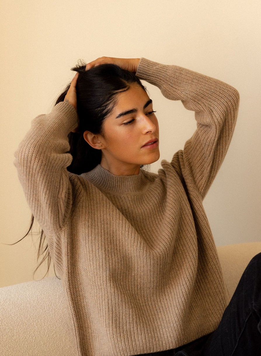 Sale | STATESIDE Ribbed Cashmere Tall Collar Sweater In Camel