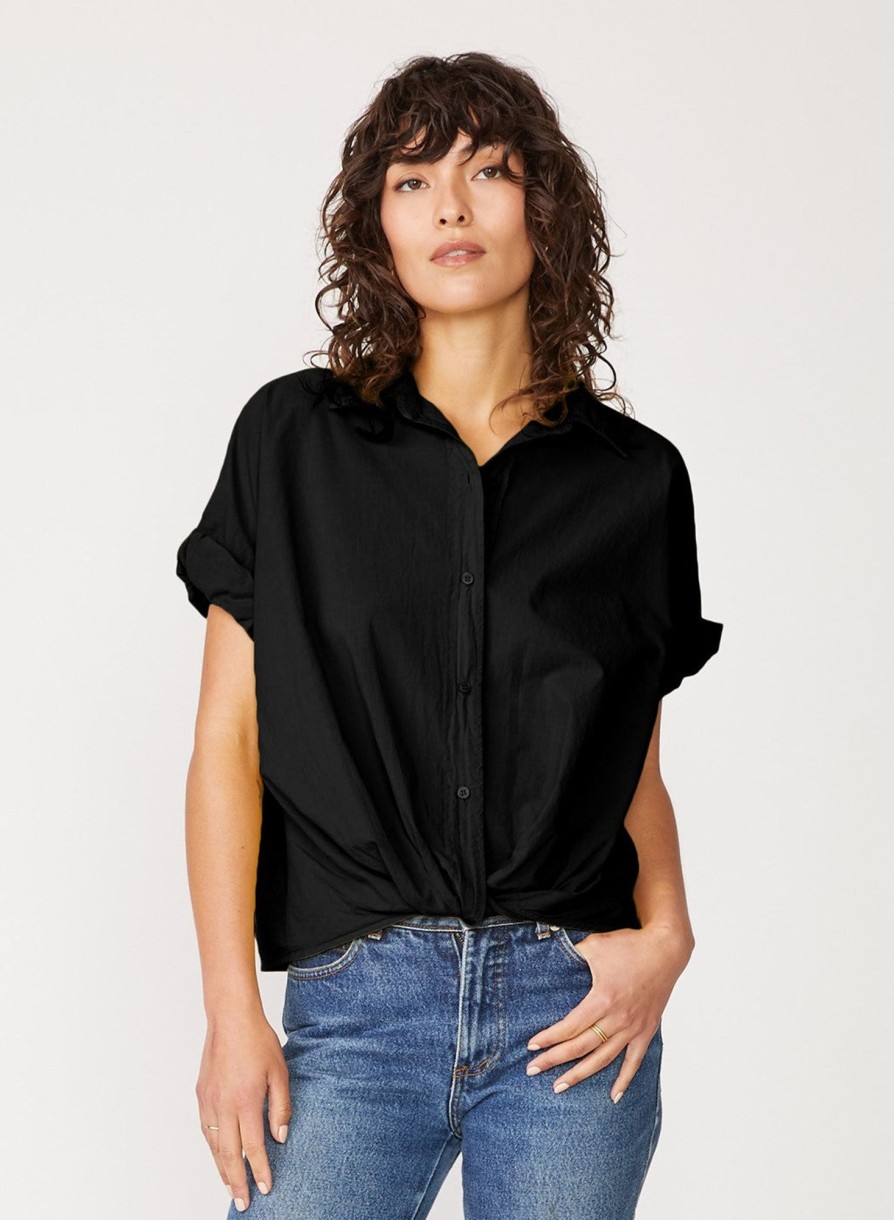 Essentials | STATESIDE Voile Short Sleeve Front Twist Button Up Shirt In Black