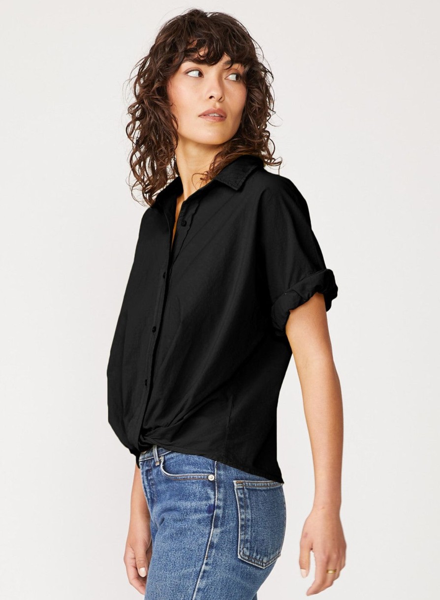 Essentials | STATESIDE Voile Short Sleeve Front Twist Button Up Shirt In Black