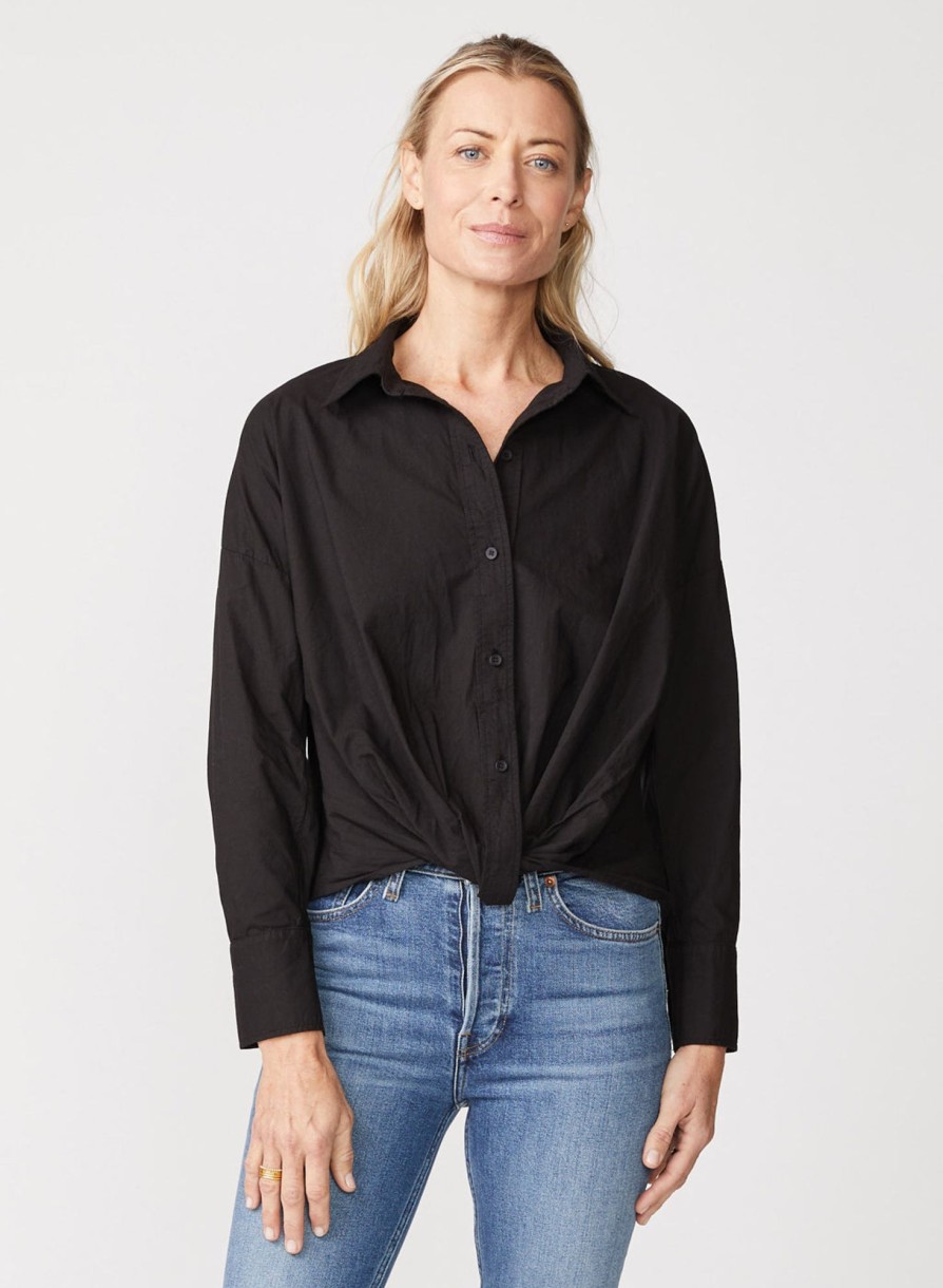 Tops | STATESIDE Poplin Long Sleeve Front Twist Button Up Shirt In Black