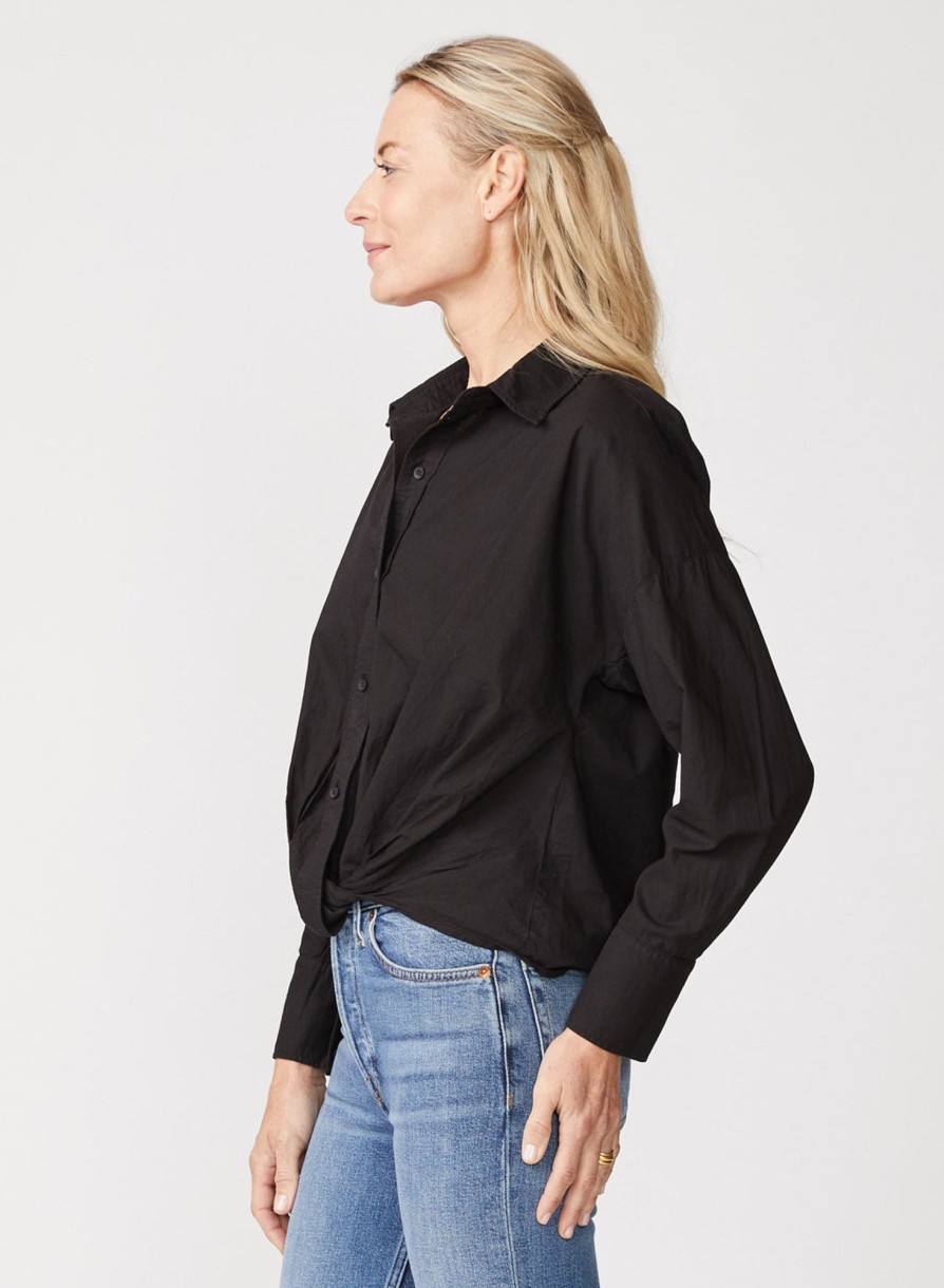 Tops | STATESIDE Poplin Long Sleeve Front Twist Button Up Shirt In Black