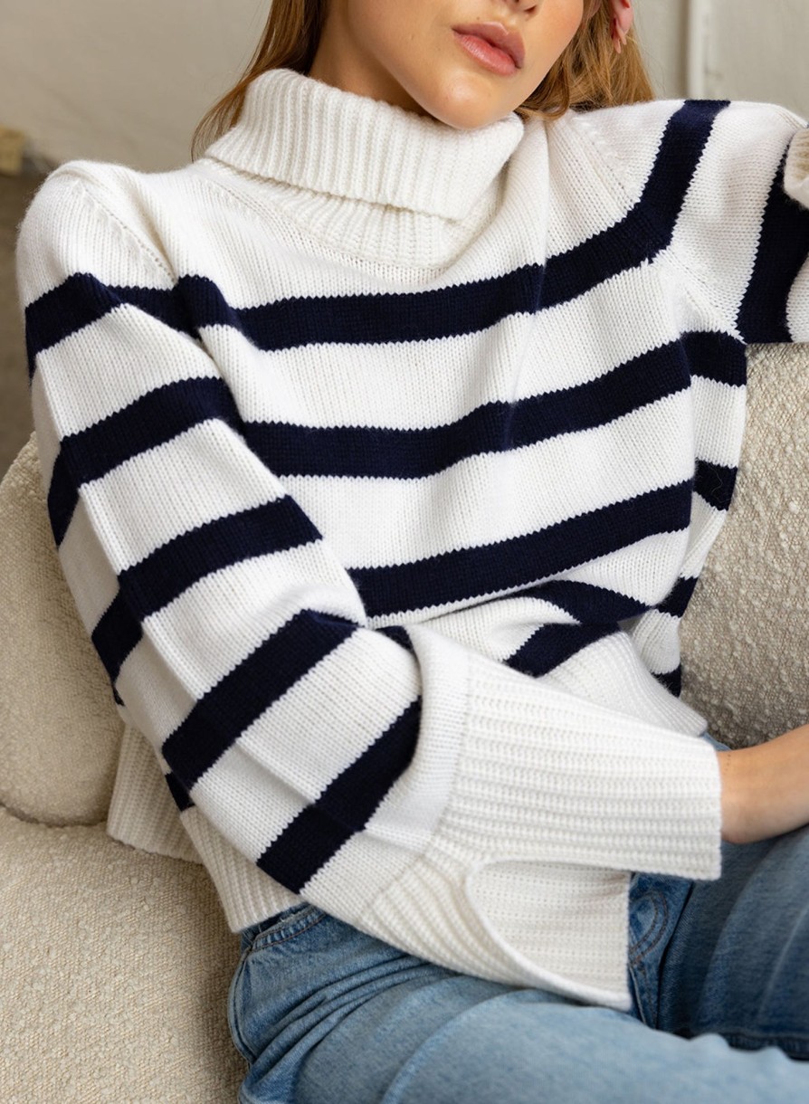 Essentials | STATESIDE Cozy Cashmere Blend Stripe Turtleneck Sweater In Navy Stripe