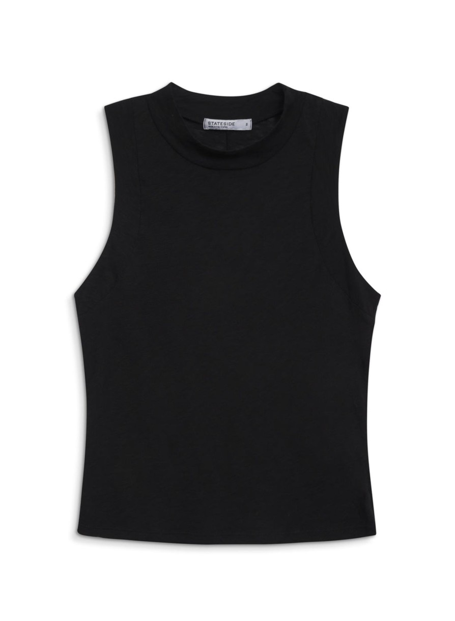 Fabric | STATESIDE Supima Slub Sleeveless Mock Neck Top In Black