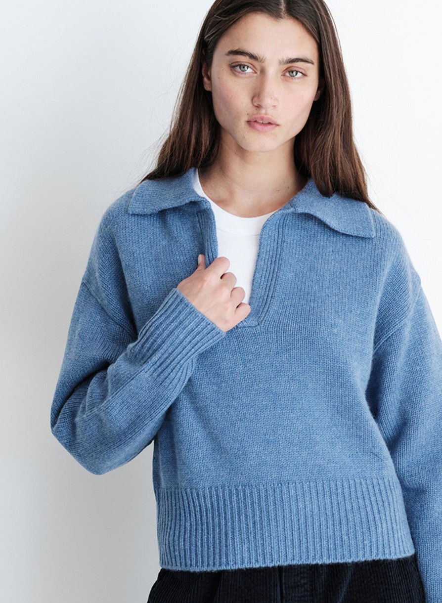 Fabric | STATESIDE Stateside Cozy Cashmere Blend Johnny Collar Sweater In Denim