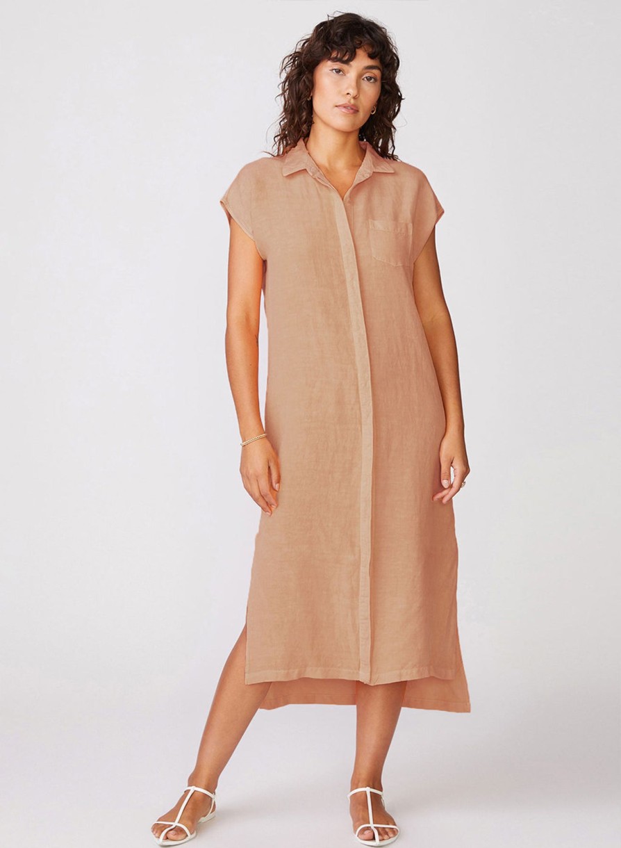 Sale | STATESIDE Linen Short Sleeve Maxi Shirt Dress In Cafe