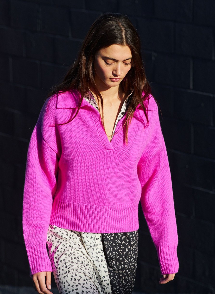 Sale | STATESIDE Cozy Cashmere Blend Johnny Collar Sweater In Electric Pink