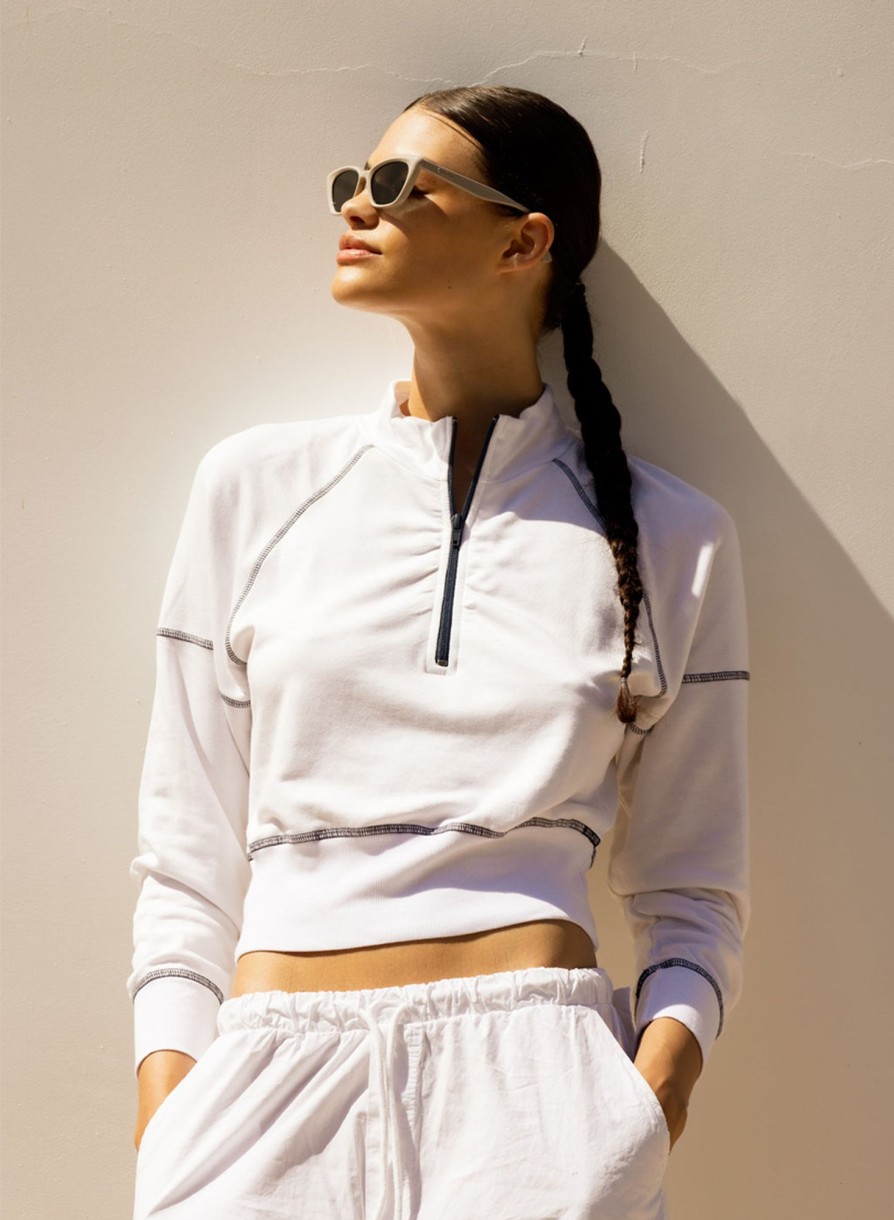 Sets | STATESIDE Softest Fleece Cropped Half-Zip Pullover With Contrast In White