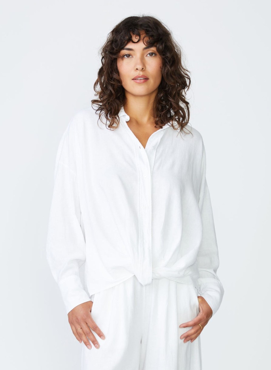 Essentials | STATESIDE Linen Long Sleeve Front Twist Shirt In White