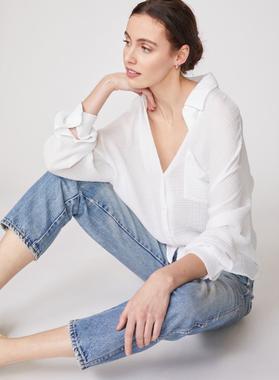 Tops | STATESIDE Gauze Long Sleeve Oversized Shirting Top In White