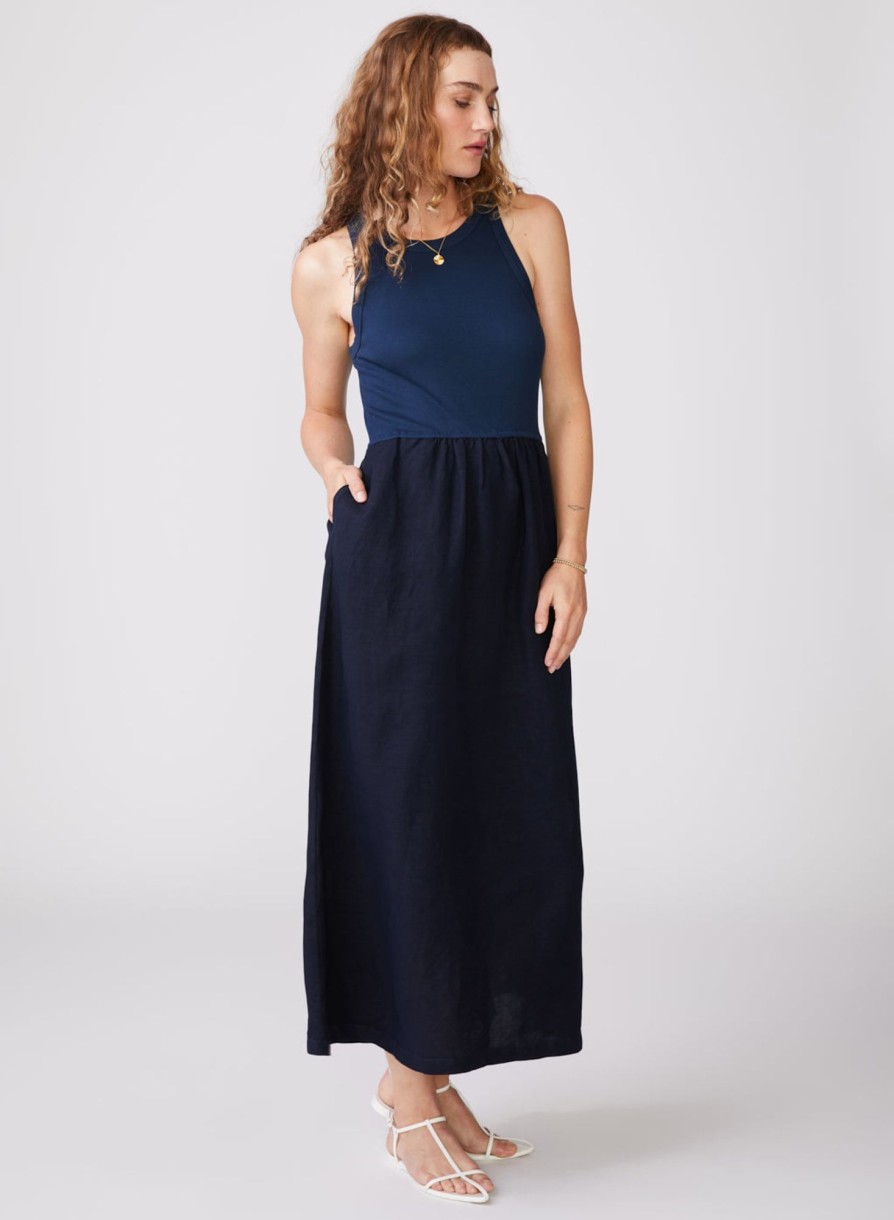 Dresses | STATESIDE Stateside Linen Mixed Media High Neck Dress In New Navy