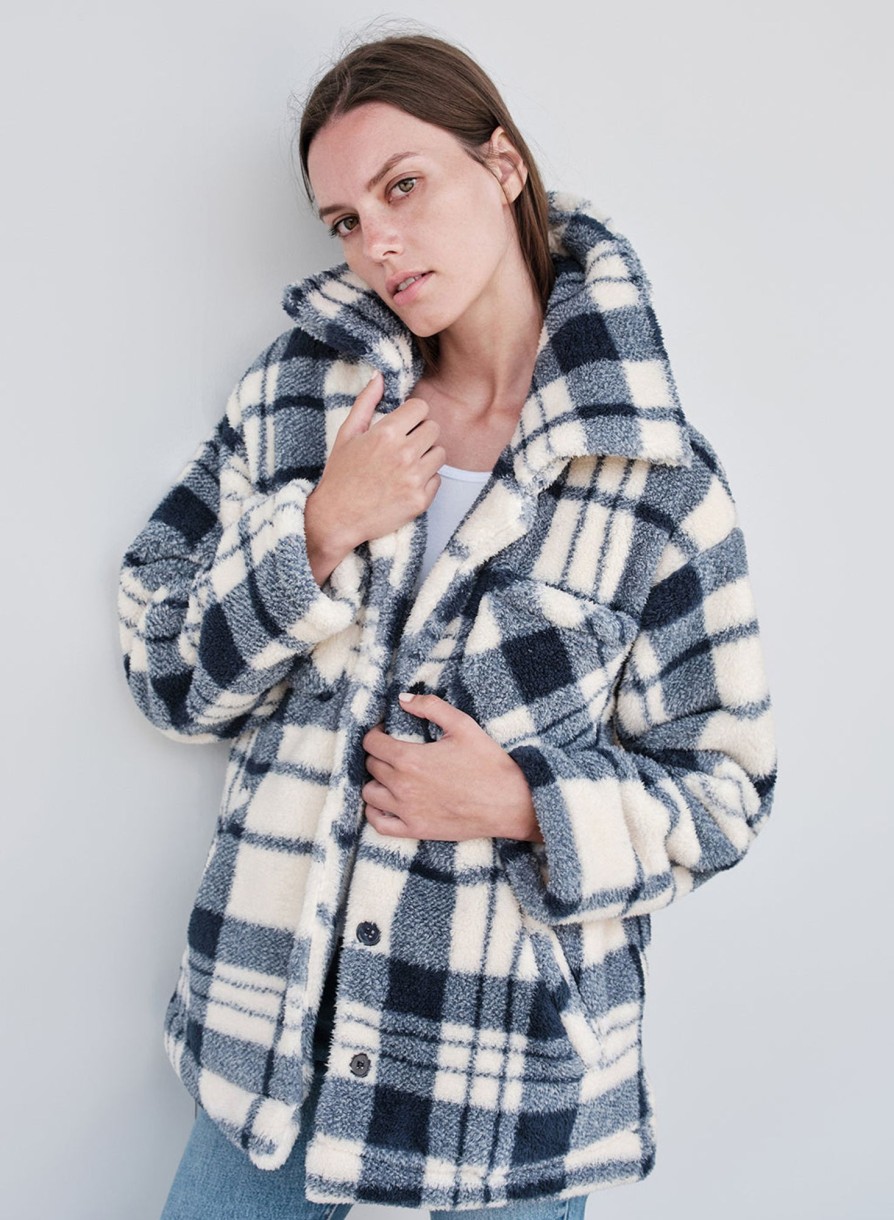 Fabric | STATESIDE Double Faced Sherpa Jacket In Navy/Cream Plaid