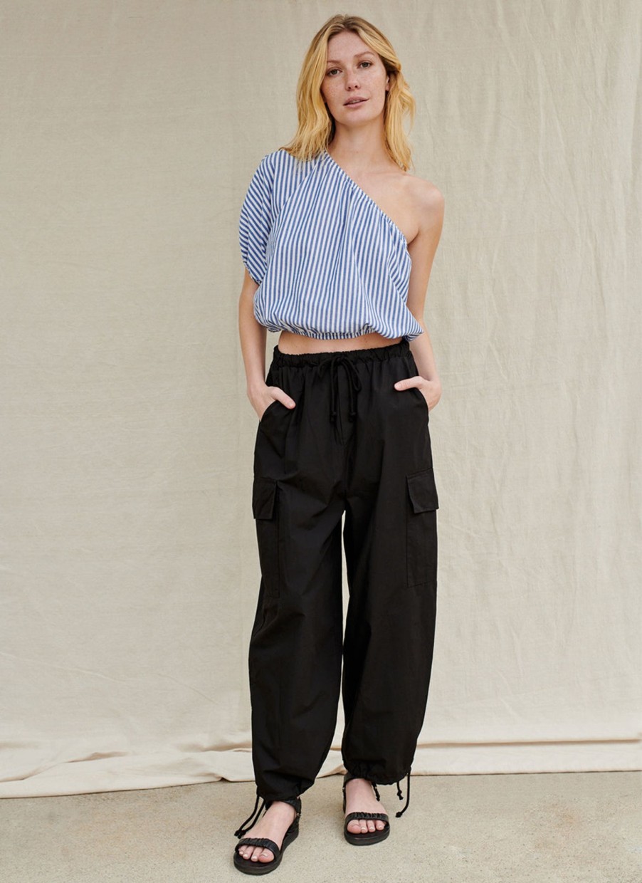 Fabric | STATESIDE Structured Poplin Drawstring Cargo Pant In Black