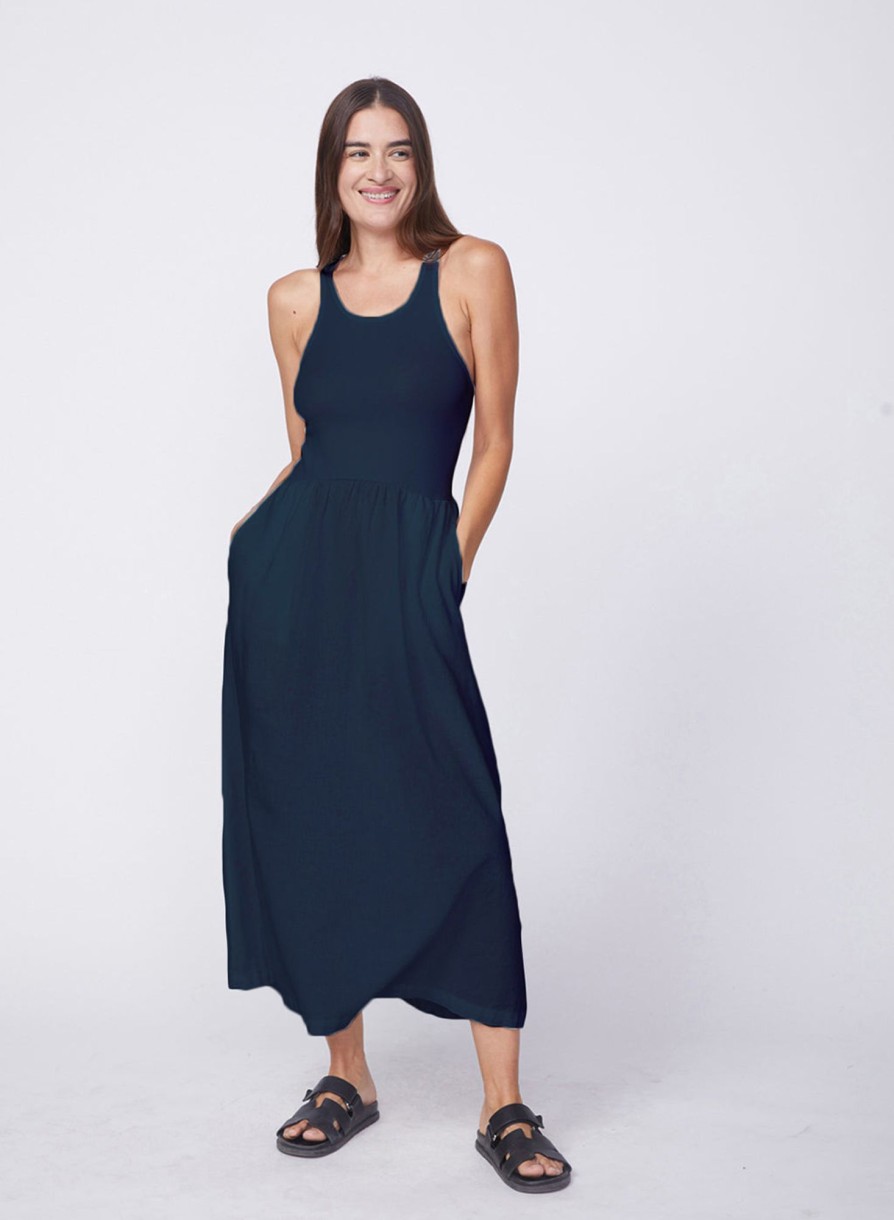 Dresses | STATESIDE Linen Racerback Mix Media Midi Dress In New Navy