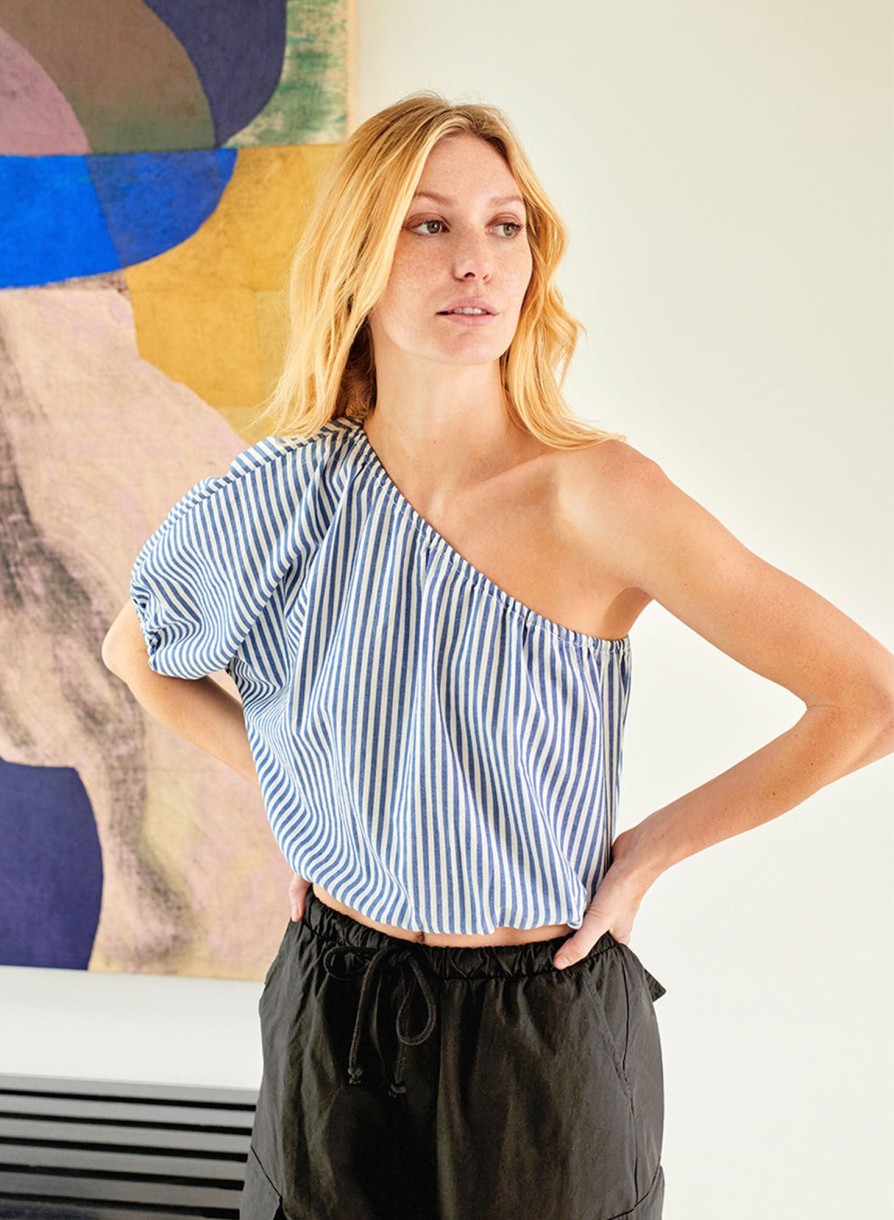 Sale | STATESIDE Stripe Poplin One-Shoulder Top In Denim