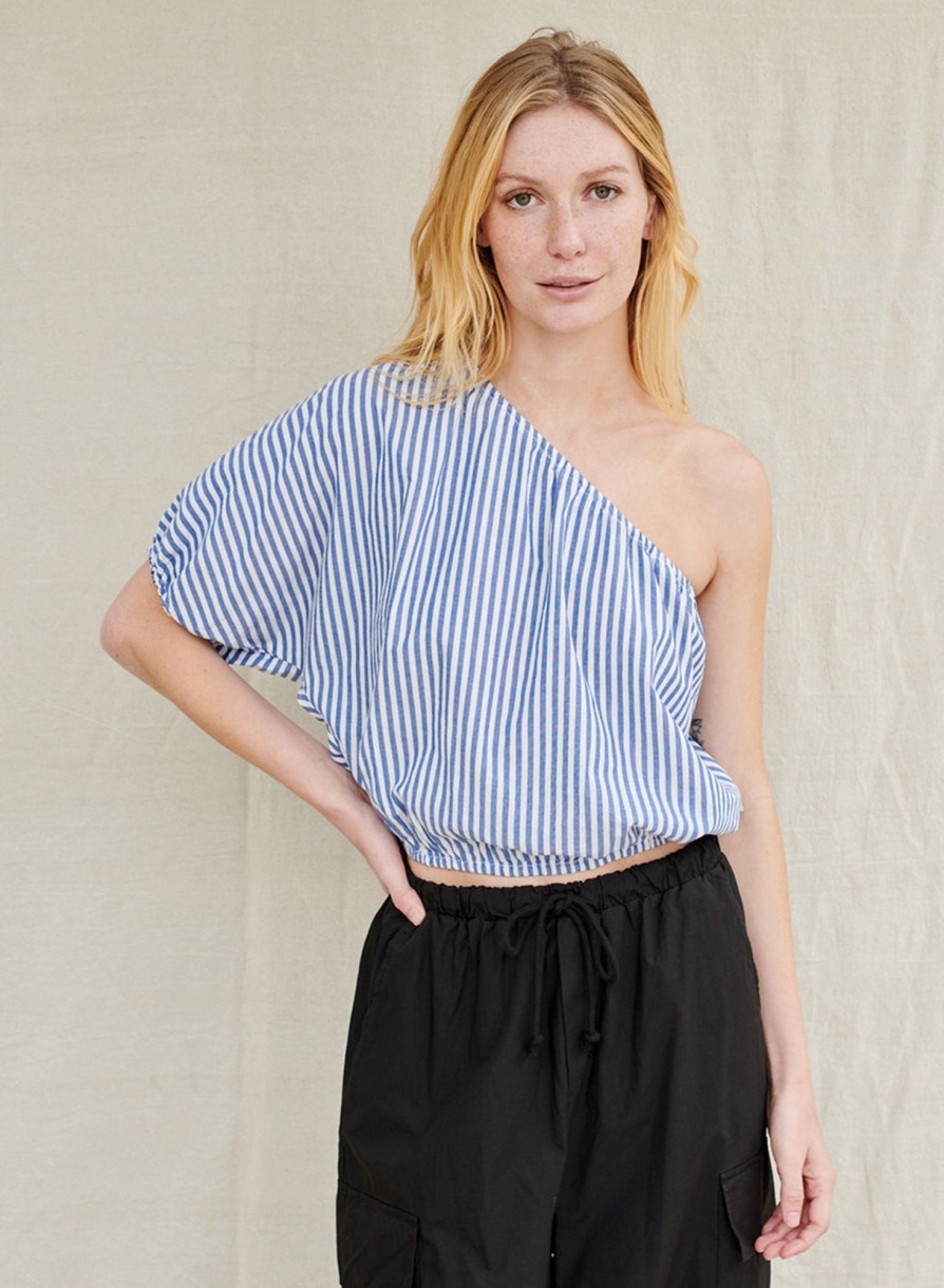 Sale | STATESIDE Stripe Poplin One-Shoulder Top In Denim