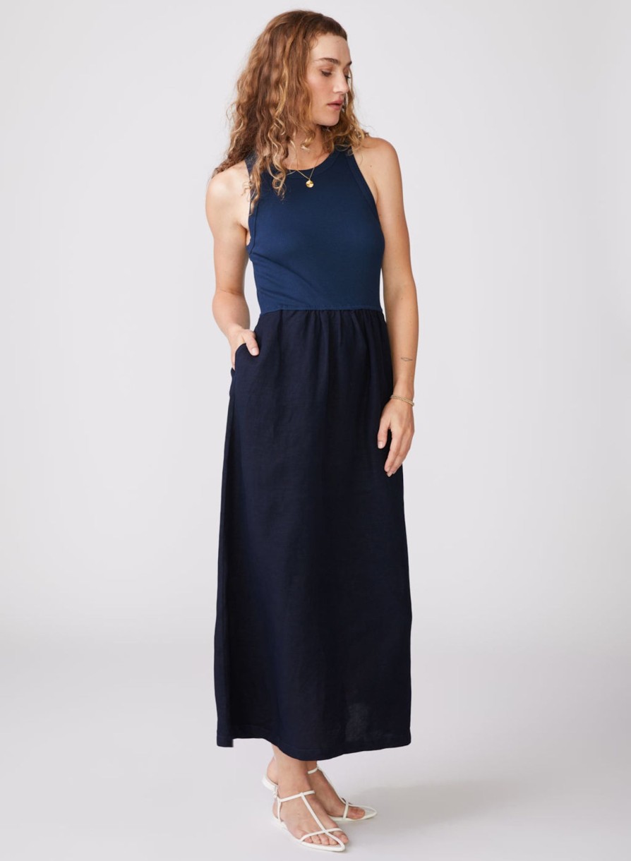 Fabric | STATESIDE Stateside Linen Mixed Media High Neck Dress In New Navy