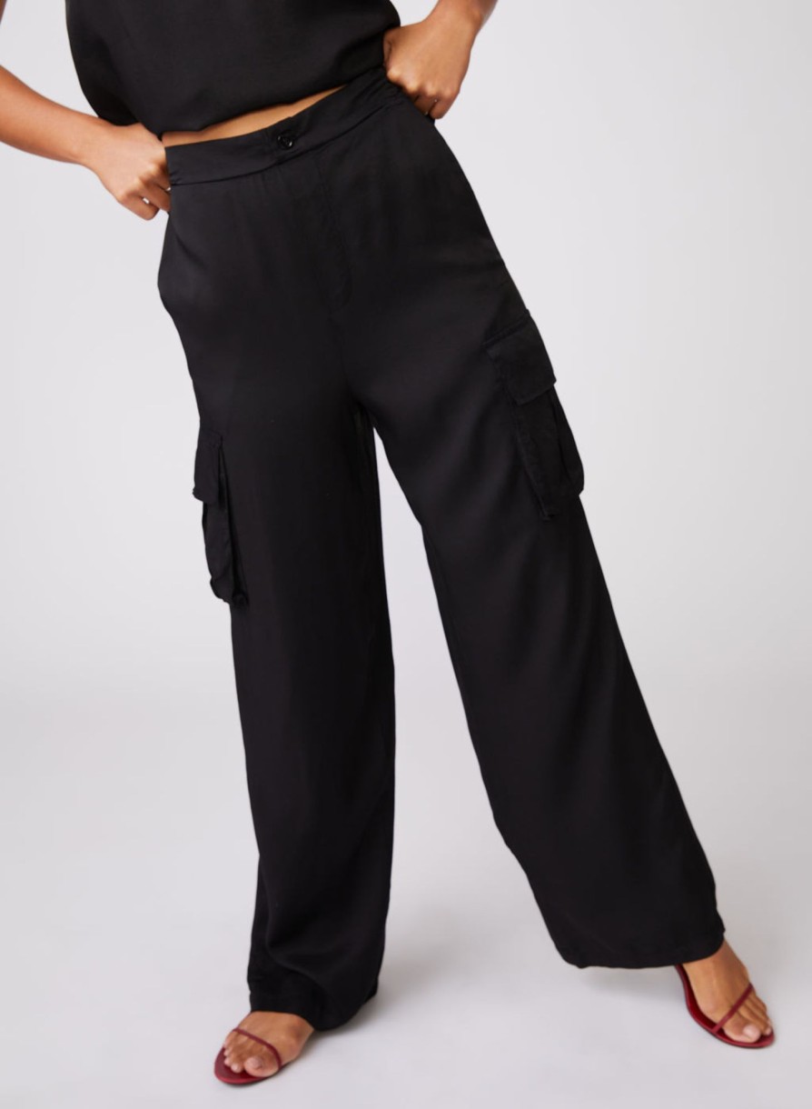 Bottoms | STATESIDE Viscose Satin Cargo Pant In Black