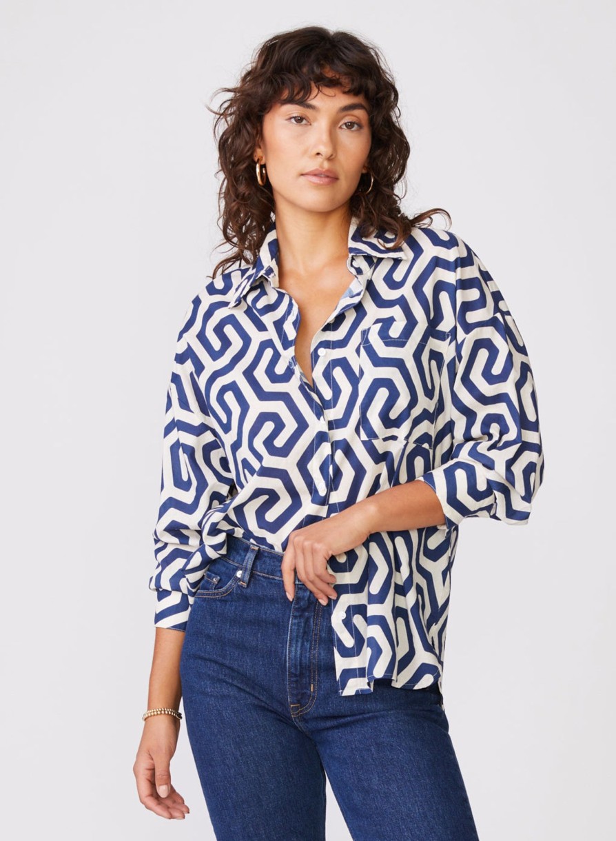 Fabric | STATESIDE Geo Print Voile Oversized Shirt In New Navy