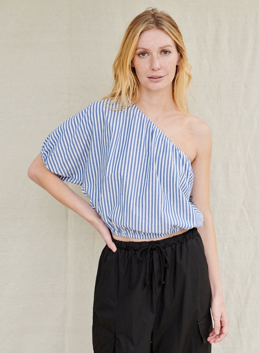 Fabric | STATESIDE Stripe Poplin One-Shoulder Top In Denim