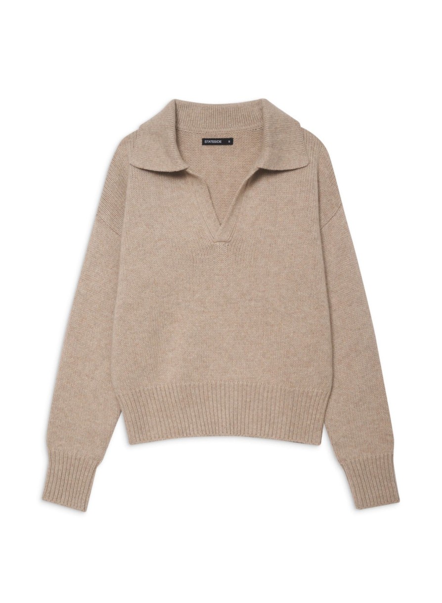 Fabric | STATESIDE Cozy Cashmere Blend Johnny Collar Sweater In Camel