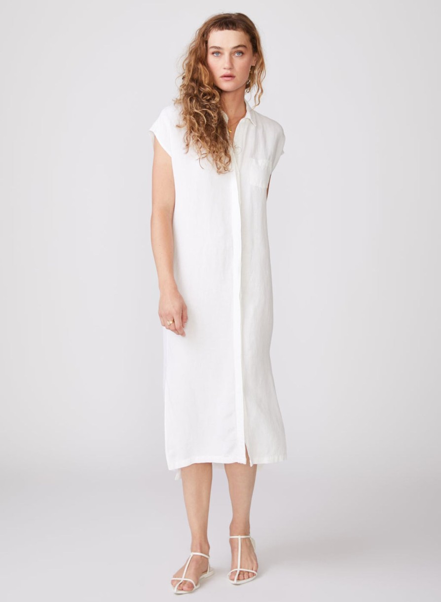 Sale | STATESIDE Linen Short Sleeve Maxi Shirt Dress In White