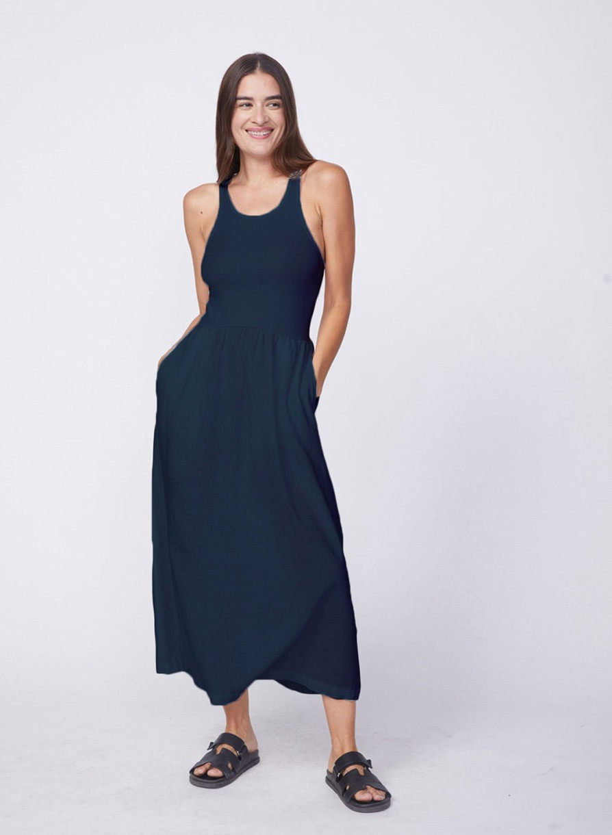 Fabric | STATESIDE Linen Racerback Mix Media Midi Dress In New Navy