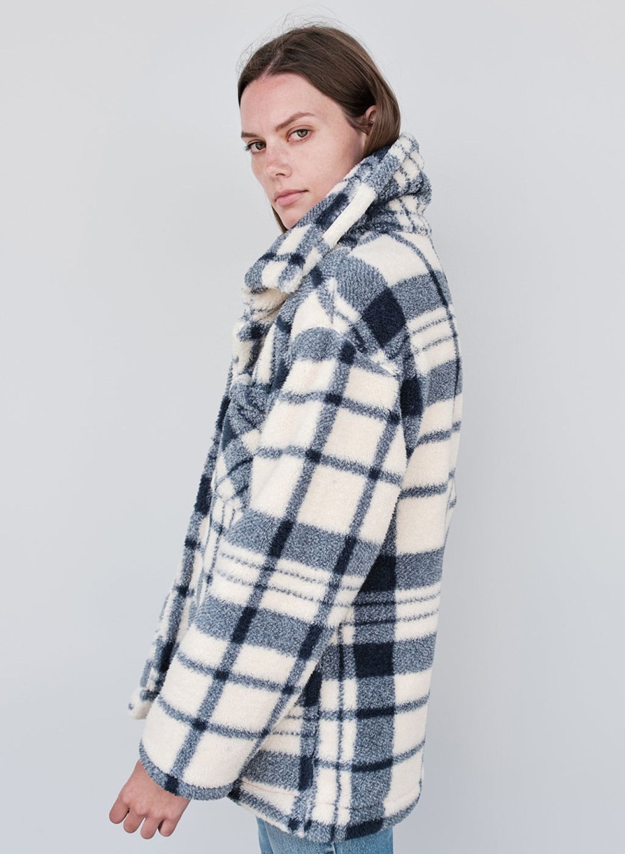 Sale | STATESIDE Double Faced Sherpa Jacket In Navy/Cream Plaid