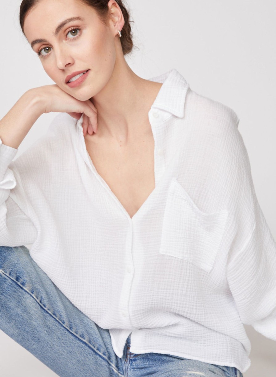 Fabric | STATESIDE Gauze Long Sleeve Oversized Shirting Top In White